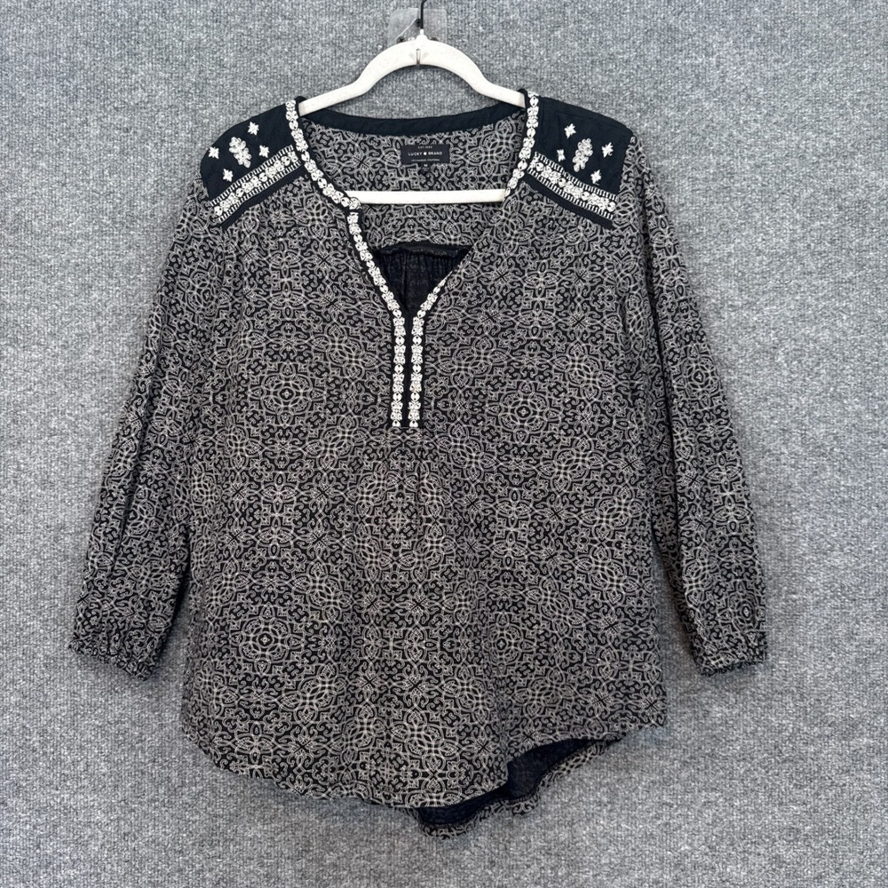 Lucky Brand Blouse Women Medium Black Embroidered Boho Peasant Long Sleeve Top